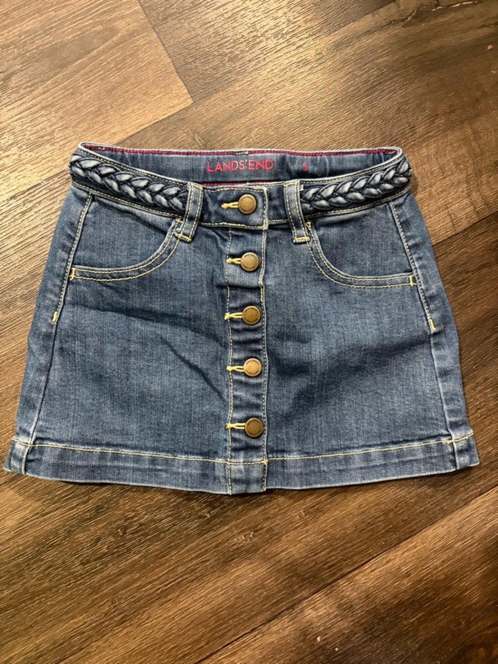 Lands' End Medium Blue Denim Button-Front Mini Skirt with Braided Waist